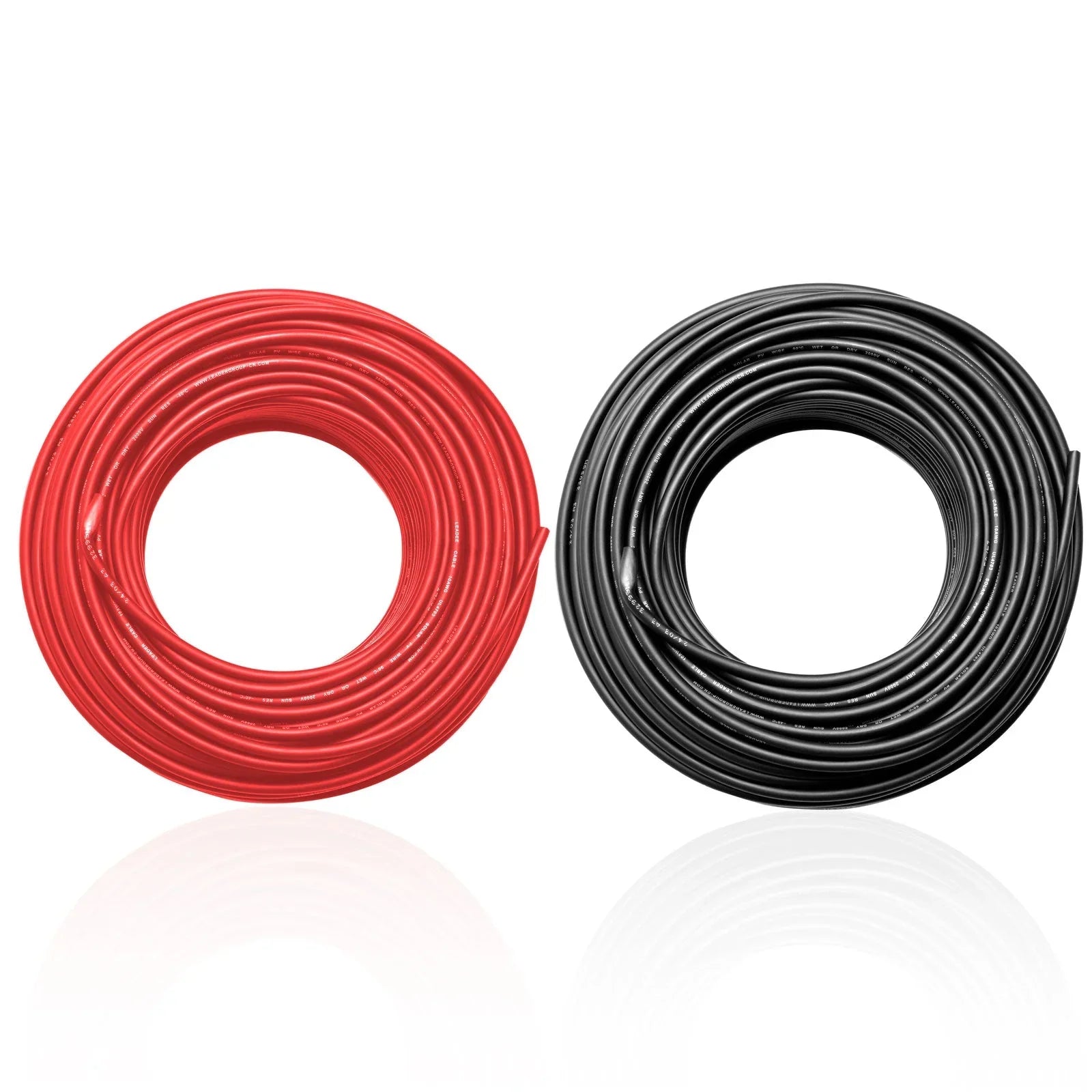 Red and black rolls of power cable for solar panels and batteries