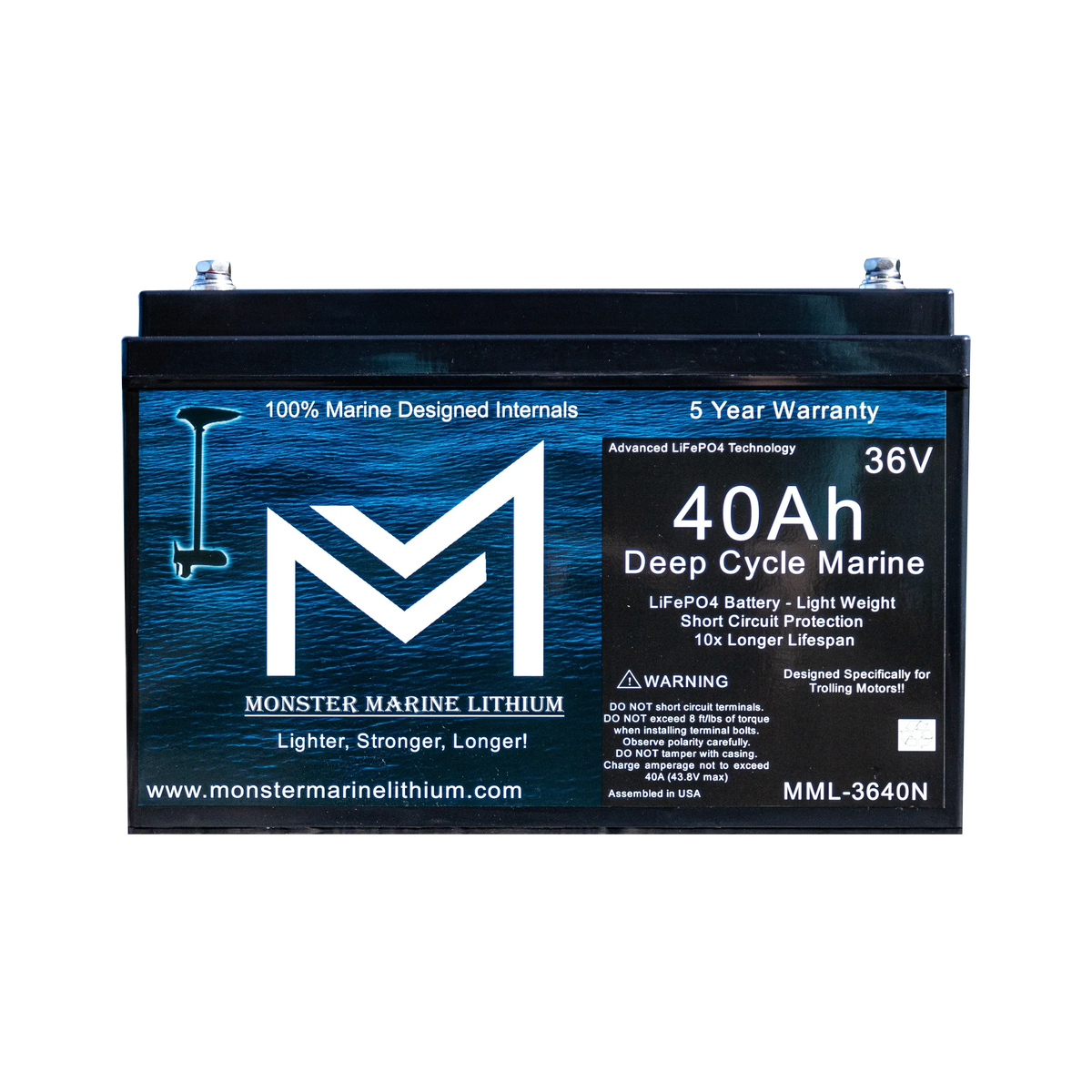 Monster Marine Lithium 36V 40AH Bluetooth Deep Cycle Lithium Marine Trolling Battery MML-3640B