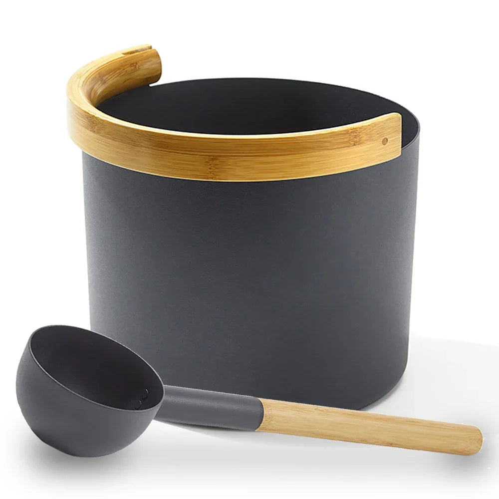 KOLO Set 2 Sauna Bucket with curved handle and Ladle, Bamboo/Aluminum, 1Gal - Green Vista Living