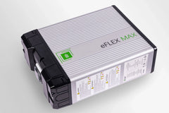 eFLEX MAX lithium battery pack with metallic casing, product labels, and black connectors