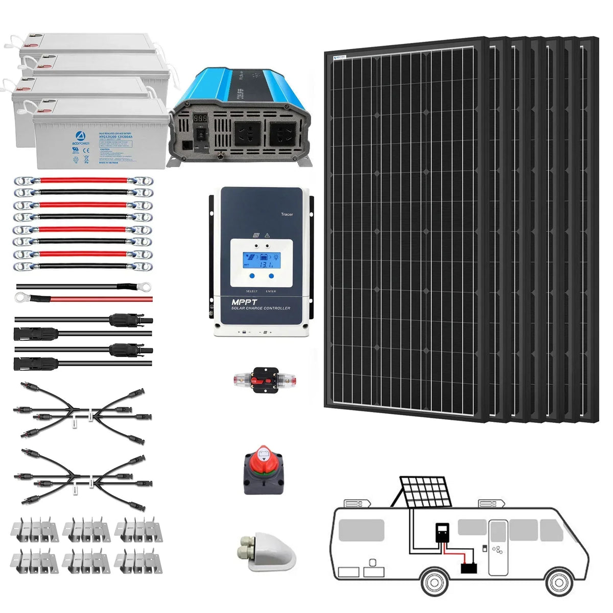 ACOPOWER Deep Cycle GEL Battery Mono Solar Power Complete System with Battery and Inverter for RV Boat 12V Off Grid Kit - Green Vista Living