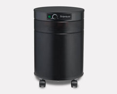 Airpura black cylindrical air purifier with control knob and casters for easy movement