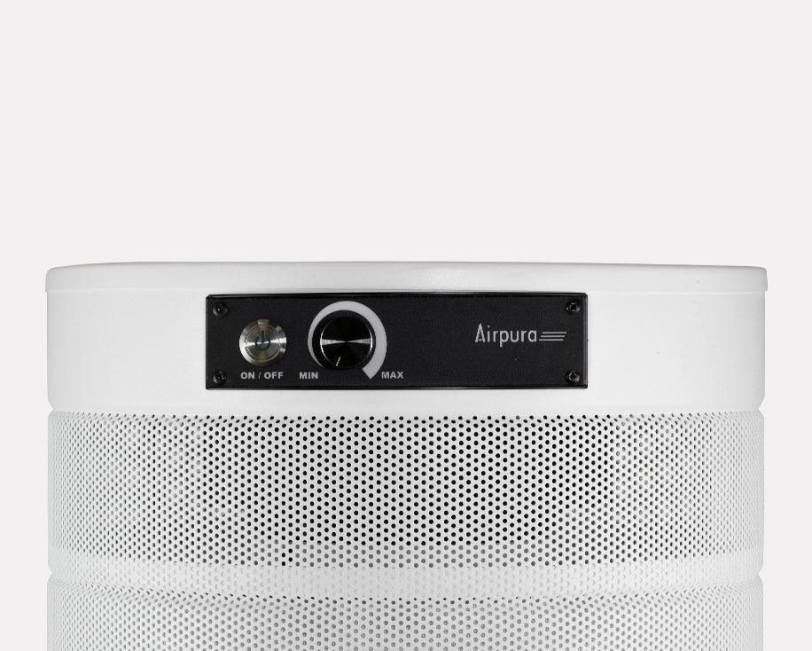 Airpura air purifier white model with control panel and mesh exterior close-up