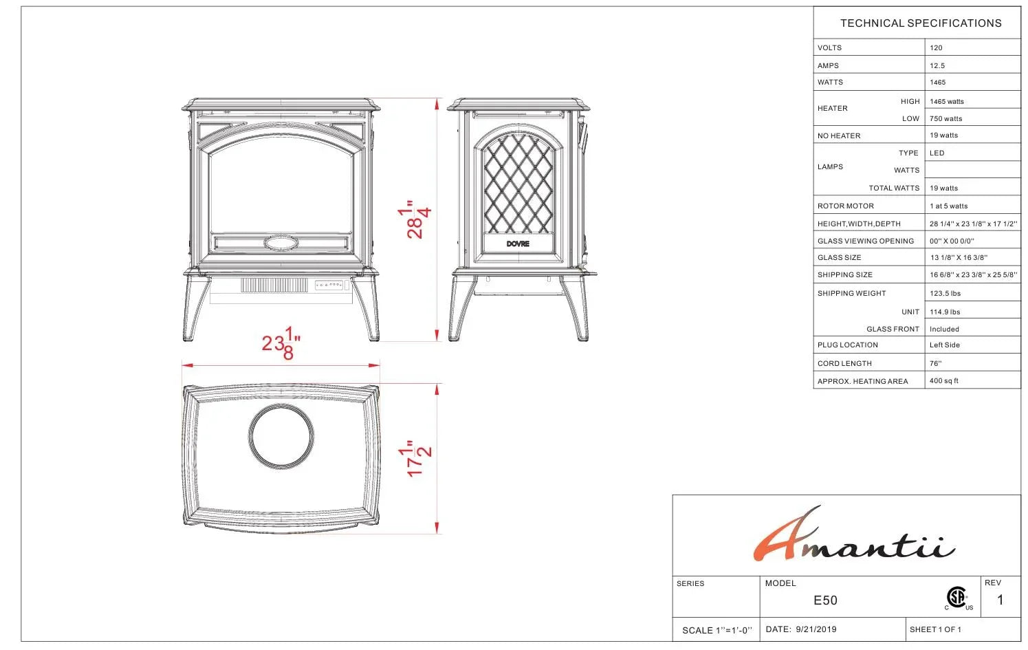 Amantii E50-NA Lynwood Series - 50 cm Freestand Electric Stove Featuring a Cast Iron Frame and a 10 Piece Birch Log Set - Green Vista Living