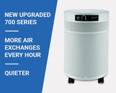 Airpura 700 Series white air purifier with control panel and wheels, efficient and quieter design