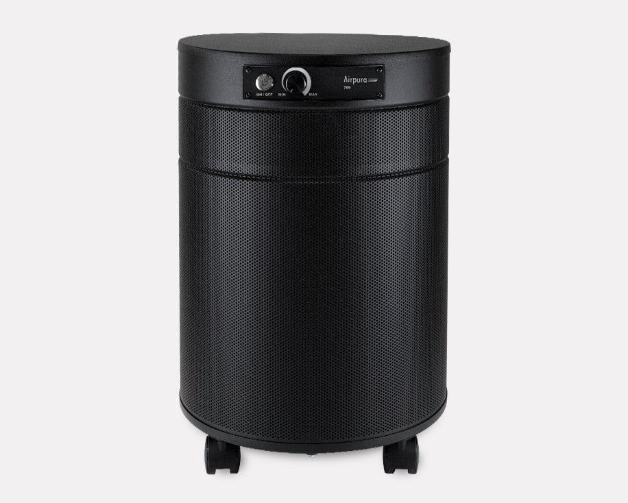 Airpura black cylindrical air purifier with control panel and wheels, HEPA filtration appliance