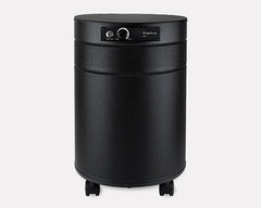 Airpura black cylindrical air purifier with control panel and wheels, HEPA filtration appliance