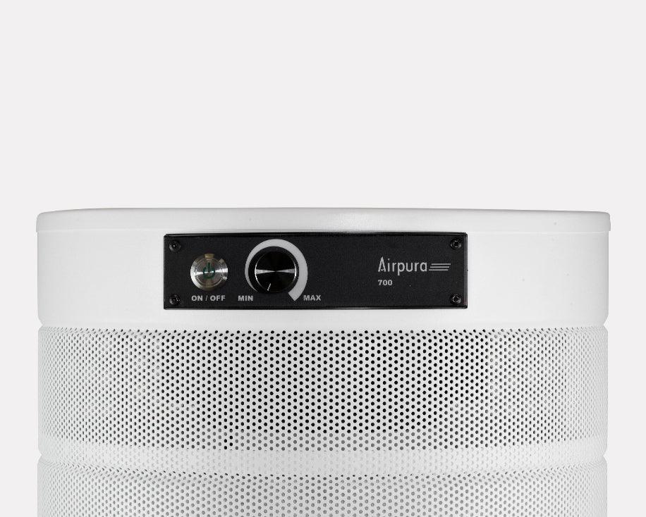 Airpura 700 white air purifier with control panel, on/off switch and perforated grill