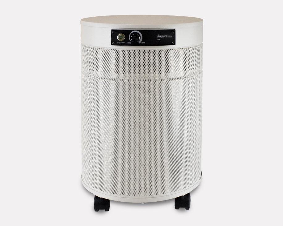 Airpura 700 cream air purifier with control panel and wheels on a white background