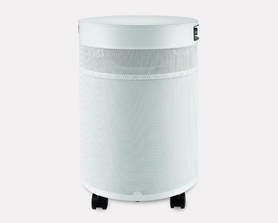 White cylindrical air purifier with mesh design and wheels, isolated on white background