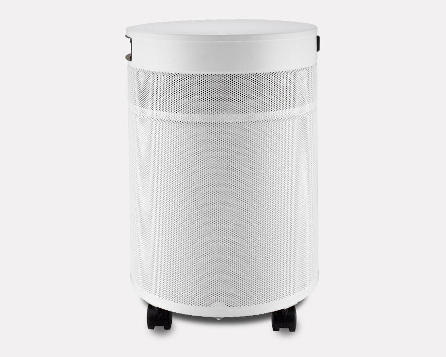 Airpura white portable air purifier with perforated metal body and caster wheels