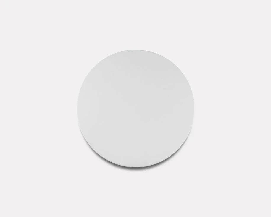 Plain round white disc on clean white background, product top view