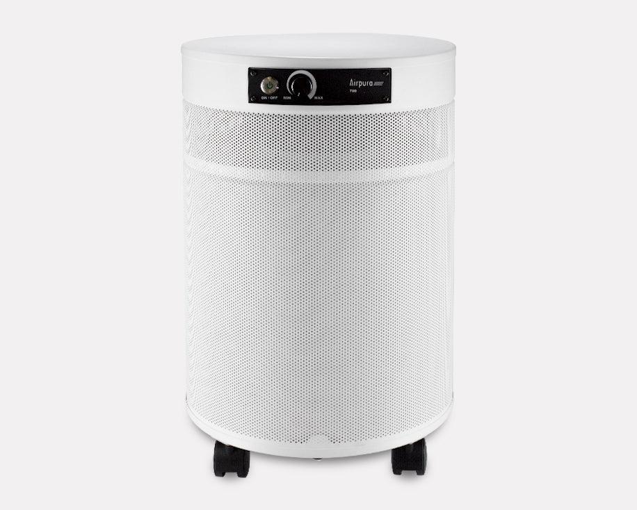 Airpura white cylindrical air purifier on wheels with control panel, front view.