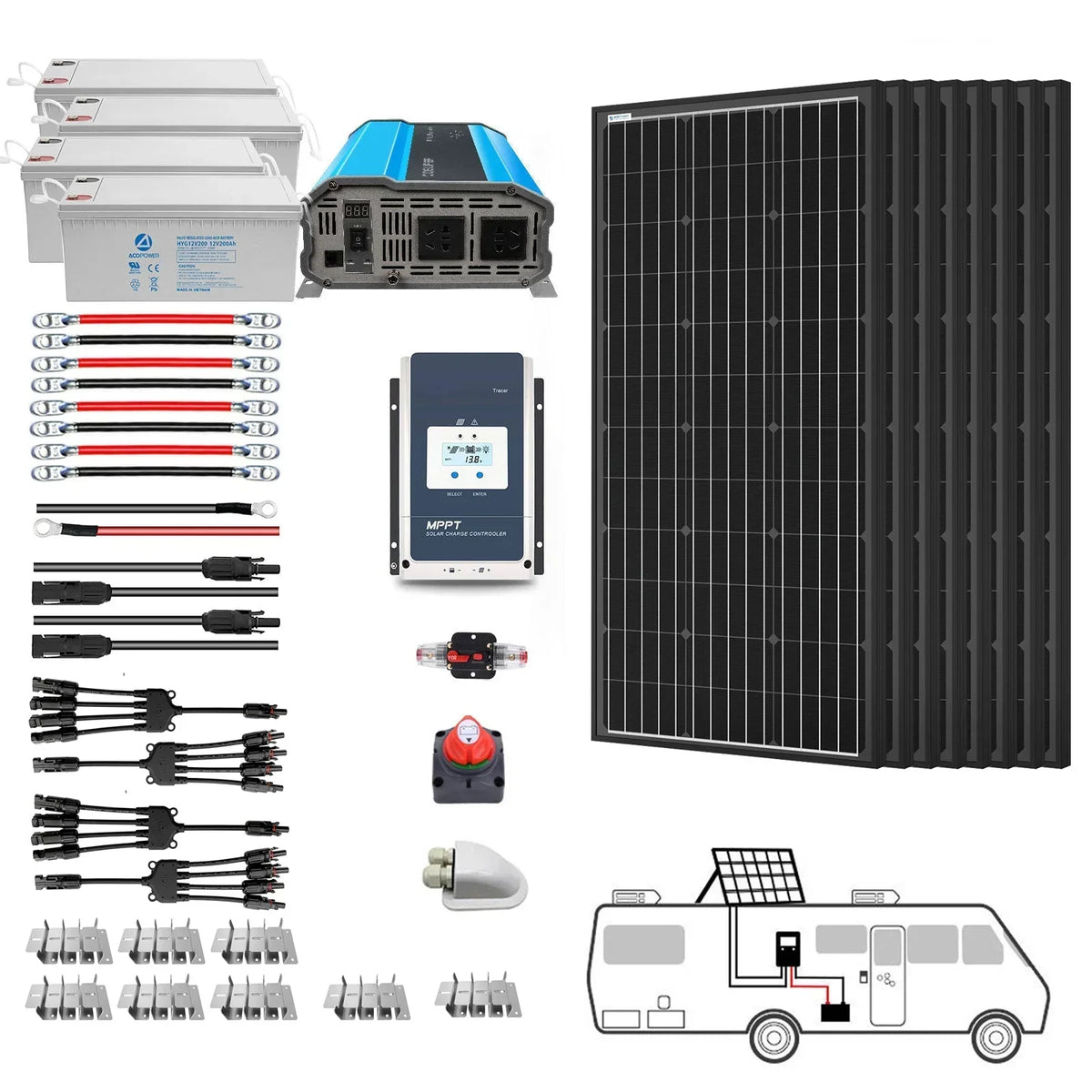 ACOPOWER Deep Cycle GEL Battery Mono Solar Power Complete System with Battery and Inverter for RV Boat 12V Off Grid Kit - Green Vista Living