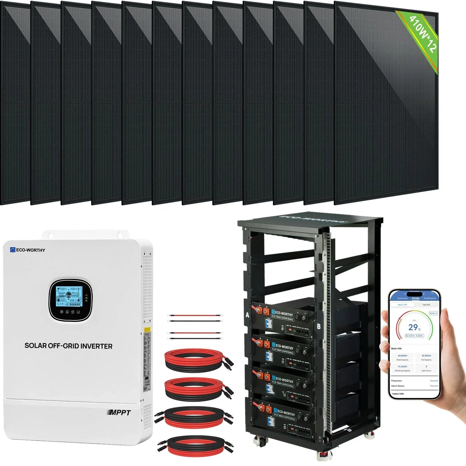 ECO-WORTHY Home Hybrid Solar Power System: 10KW GROWATT 120V/240V Output+ 20.48kWh Lithium Battery (4*48v 100Ah)+ 4920W Solar Panel (12*410W) Eco-Worthy