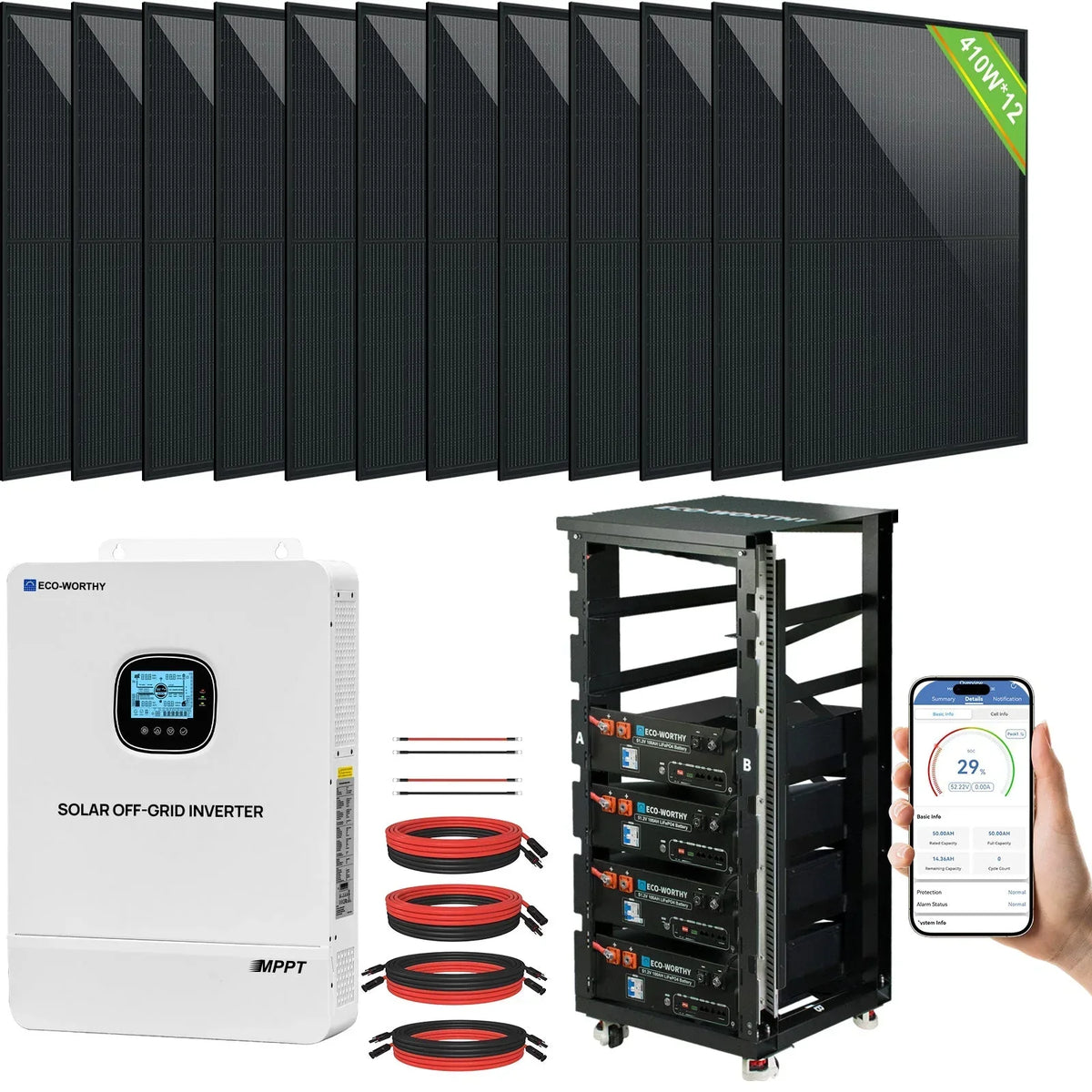 ECO-WORTHY Home Hybrid Solar Power System: 10KW GROWATT 120V/240V Output+ 20.48kWh Lithium Battery (4*48v 100Ah)+ 4920W Solar Panel (12*410W) Eco-Worthy