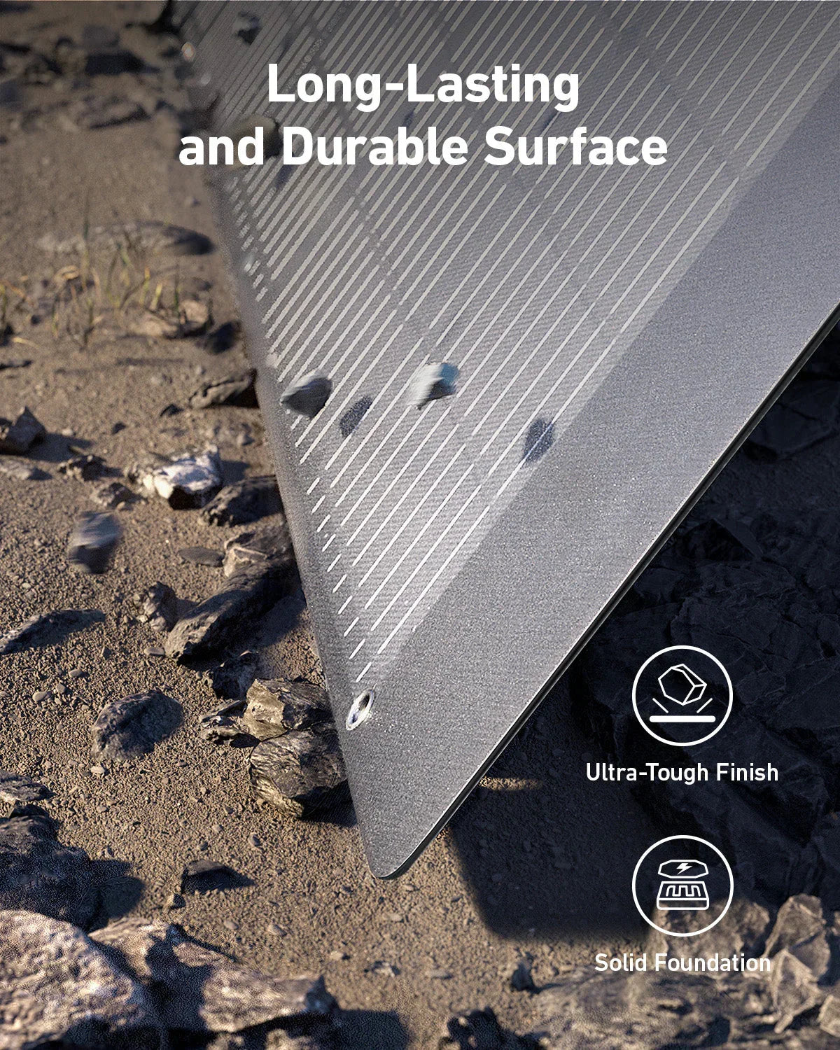 A24331A1 durable solar panel with ultra-tough finish and solid foundation on rocky ground