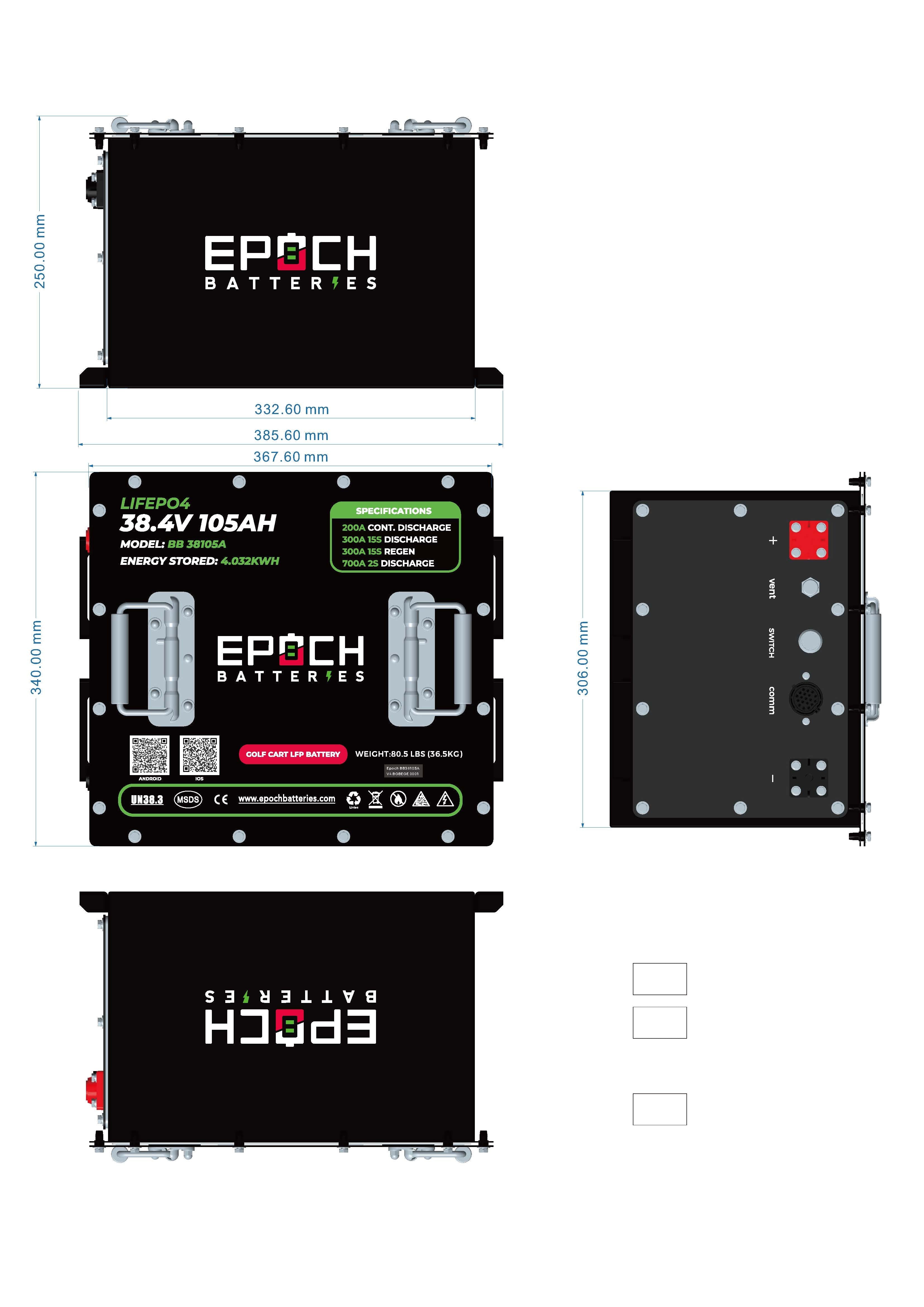 Epoch 36V 105Ah Lithium (LiFePO4) Golf Cart Battery - Complete Kit - Green Vista Living