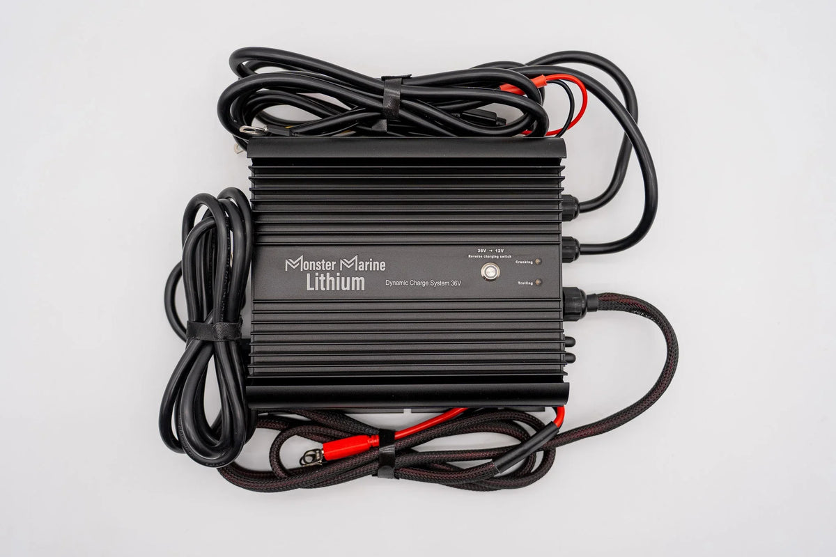 Monster Marine Lithium 36V dynamic charge system inverter with attached cables on white background