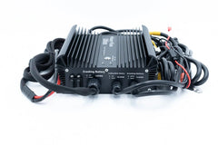 DYNAMIC POWER 24V3 lithium battery charger with cooling fins and attached cables, front view