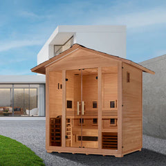 Golden Designs Gargellen Hybrid (PureTech™ Full Spectrum IR or Traditional Stove) Outdoor Sauna – Canadian Hemlock | GDI-8125-01 Gargellen | 5 Persons
