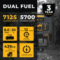 FIRMAN Power Equipment Dual Fuel Portable Generator 7125/5700W Electric Start 120/240V