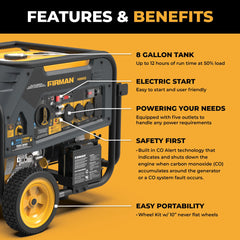 FIRMAN Power Equipment Dual Fuel Portable Generator 10000/8000W Electric Start 120/240V with CO alert