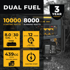 FIRMAN Power Equipment Dual Fuel Portable Generator 8000W Electric Start 120/240V