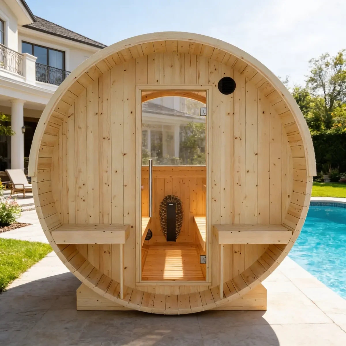 Helsinki Finnish Barrel Sauna with Terrace and WiFi Heater - Finnish Sauna Builders - Green Vista Living