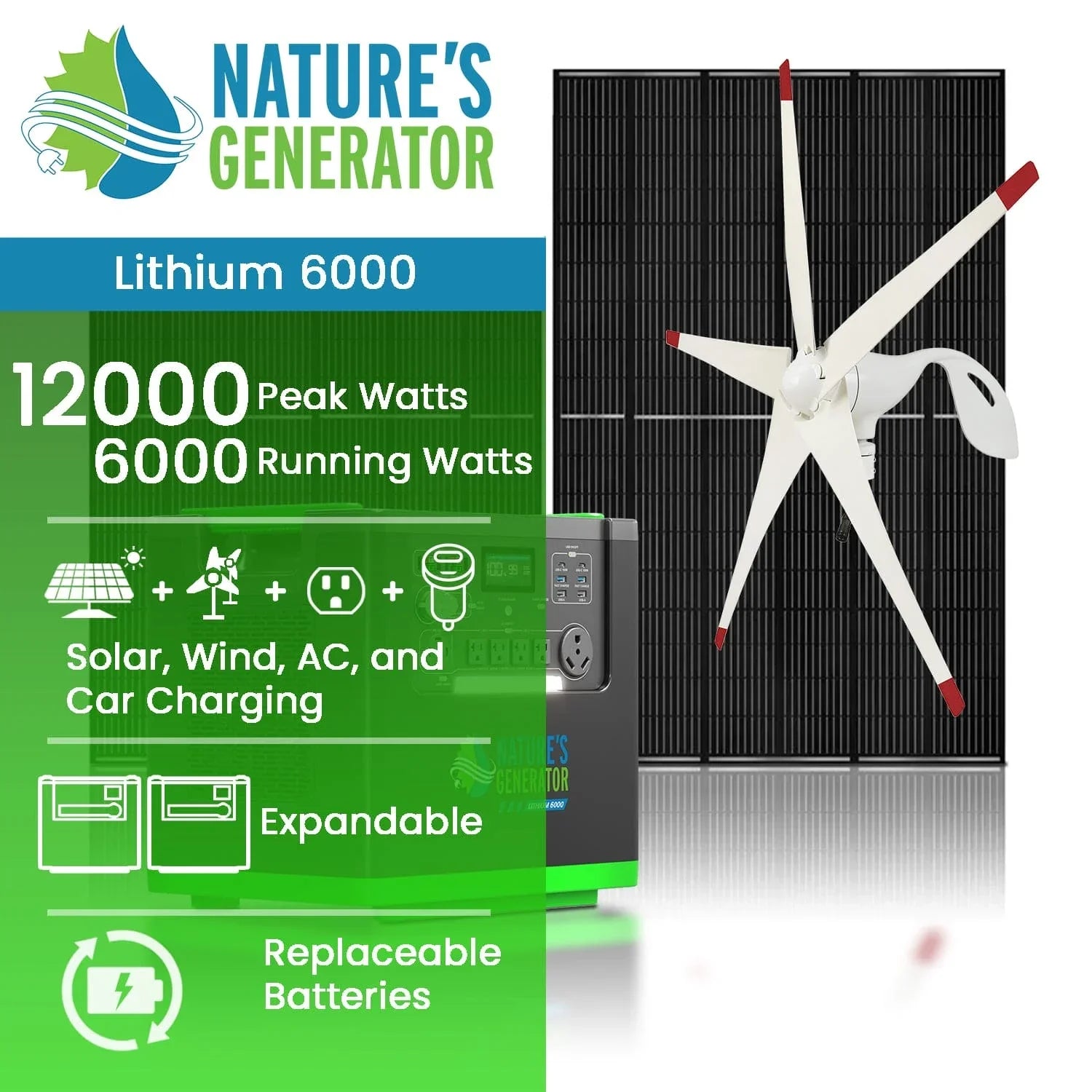 Nature's Generator Lithium 6000 with Solar Panels and Wind Turbine - Green Vista Living