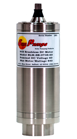 Sun Pumps Brushless Submersible Motor (60VDC, 3000RPM, Splined), 0.75HP, MTR BLM-SB-073S-60