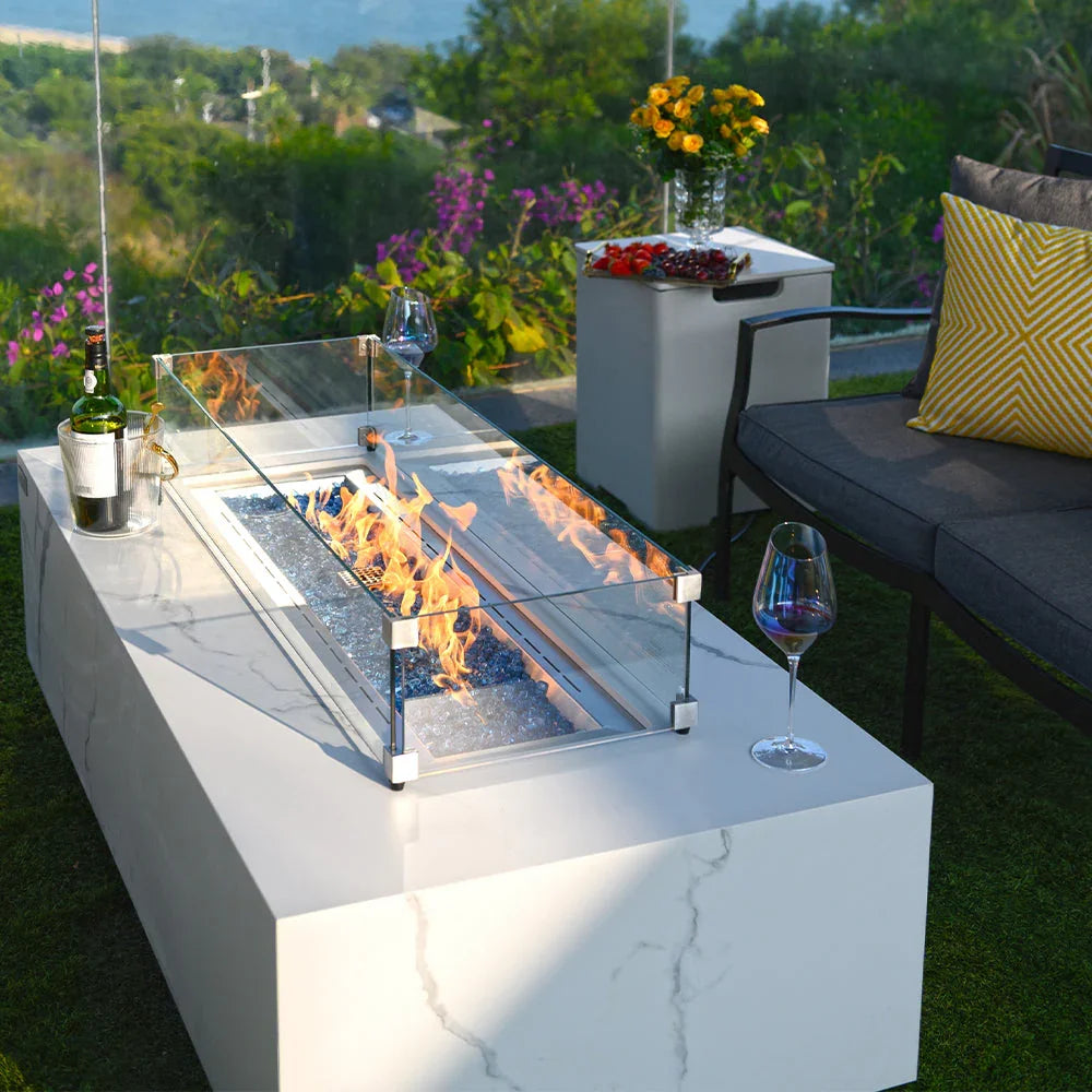 Carrara Outdoor Bianco White Fire Pit Table - Select Fuel Type - Green Vista Living