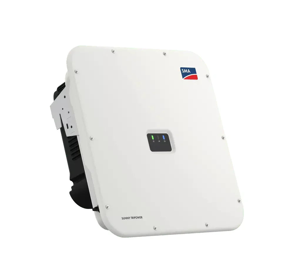 SMA solar inverter, white rectangular unit with LED indicators and brand logo, wall-mounted