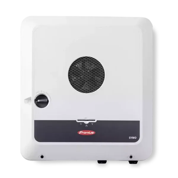 Fronius Symo solar inverter front view, white casing, ventilation grille, wall-mounted