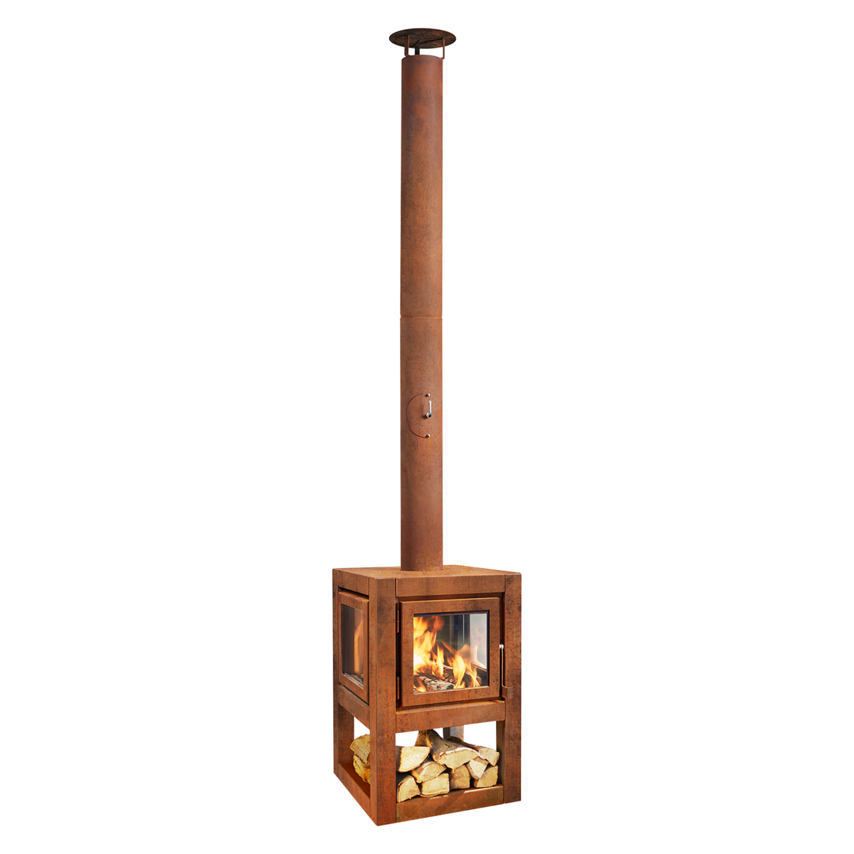 RB73 Quaruba L MOBILE 4-Sided Glass Warm Brown CorTen Steel Wood-Burning Outdoor Fireplace