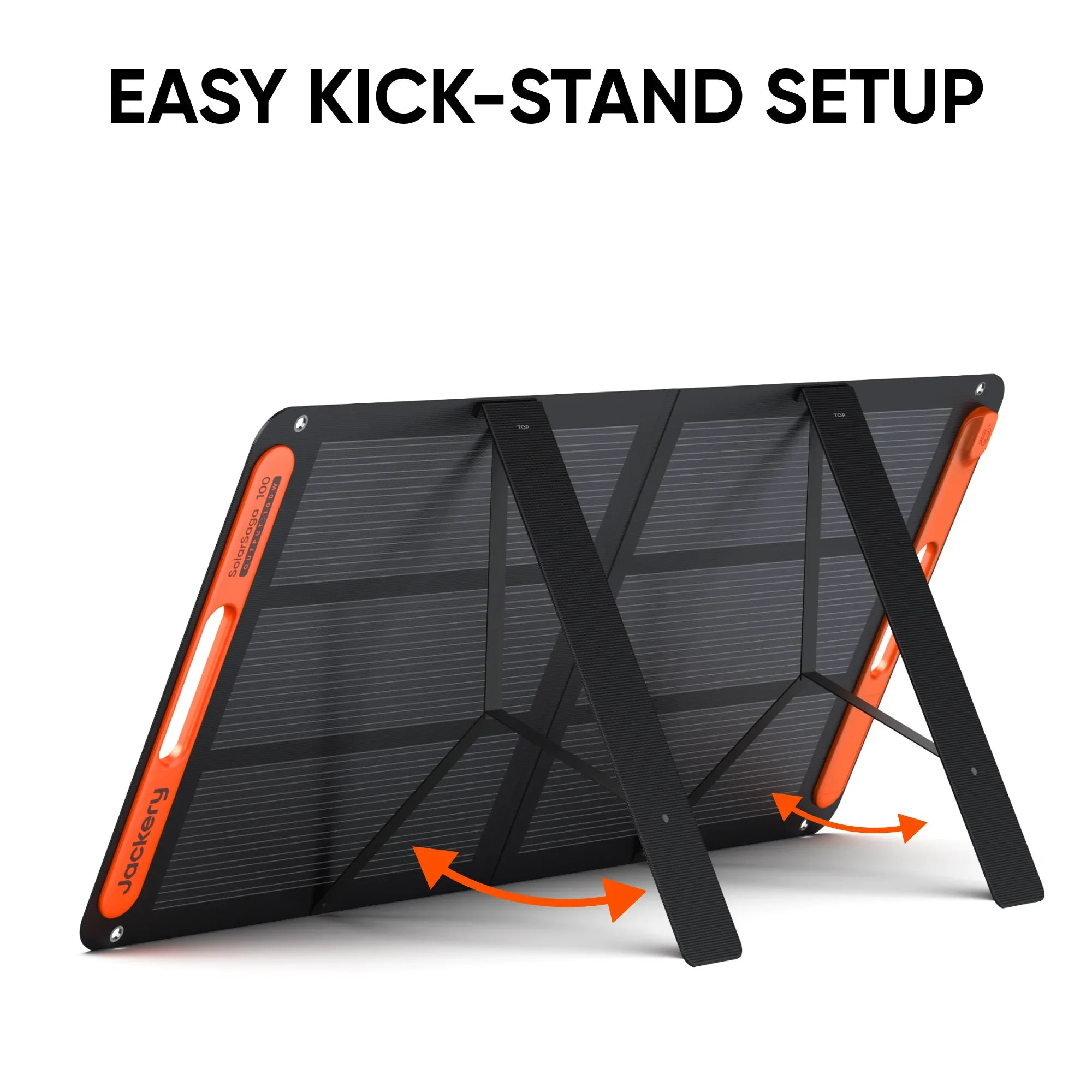 Jackery portable solar panel with easy kickstand setup, black and orange design