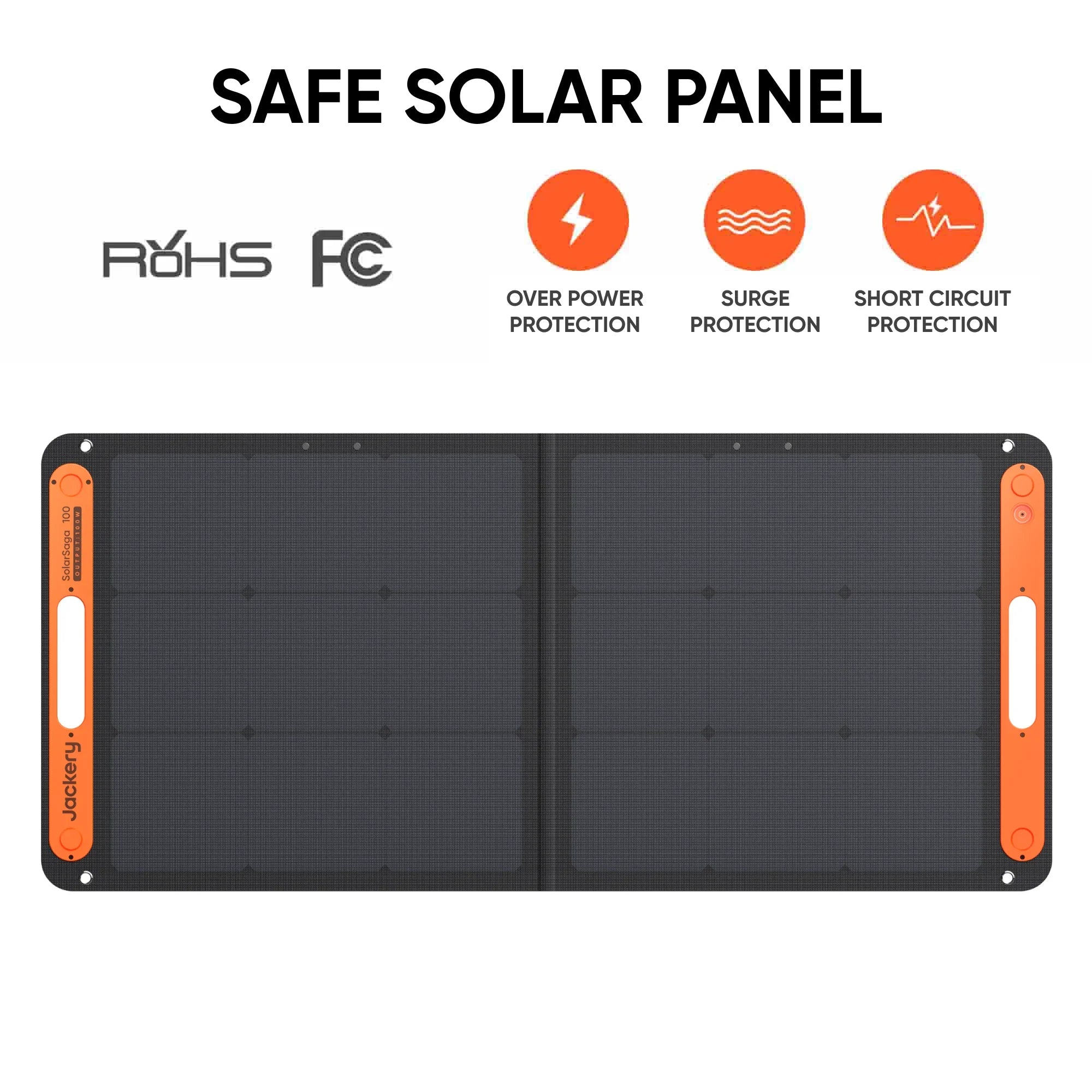 Jackery foldable 100W solar panel with over power, surge, and short circuit protection icons