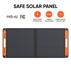 Jackery foldable 100W solar panel with over power, surge, and short circuit protection icons