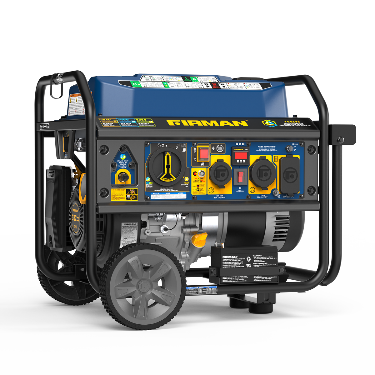 FIRMAN Power Equipment Tri Fuel Portable Generator 7850/6300W Electric Start Gas CO Alert