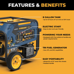 FIRMAN Power Equipment Tri Fuel 7500W Portable Generator Electric Start 120/240V
