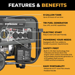 FIRMAN Power Equipment Refurbished Tri Fuel Portable Generator 9400/7500W Electric Start 120/240V with CO Alert