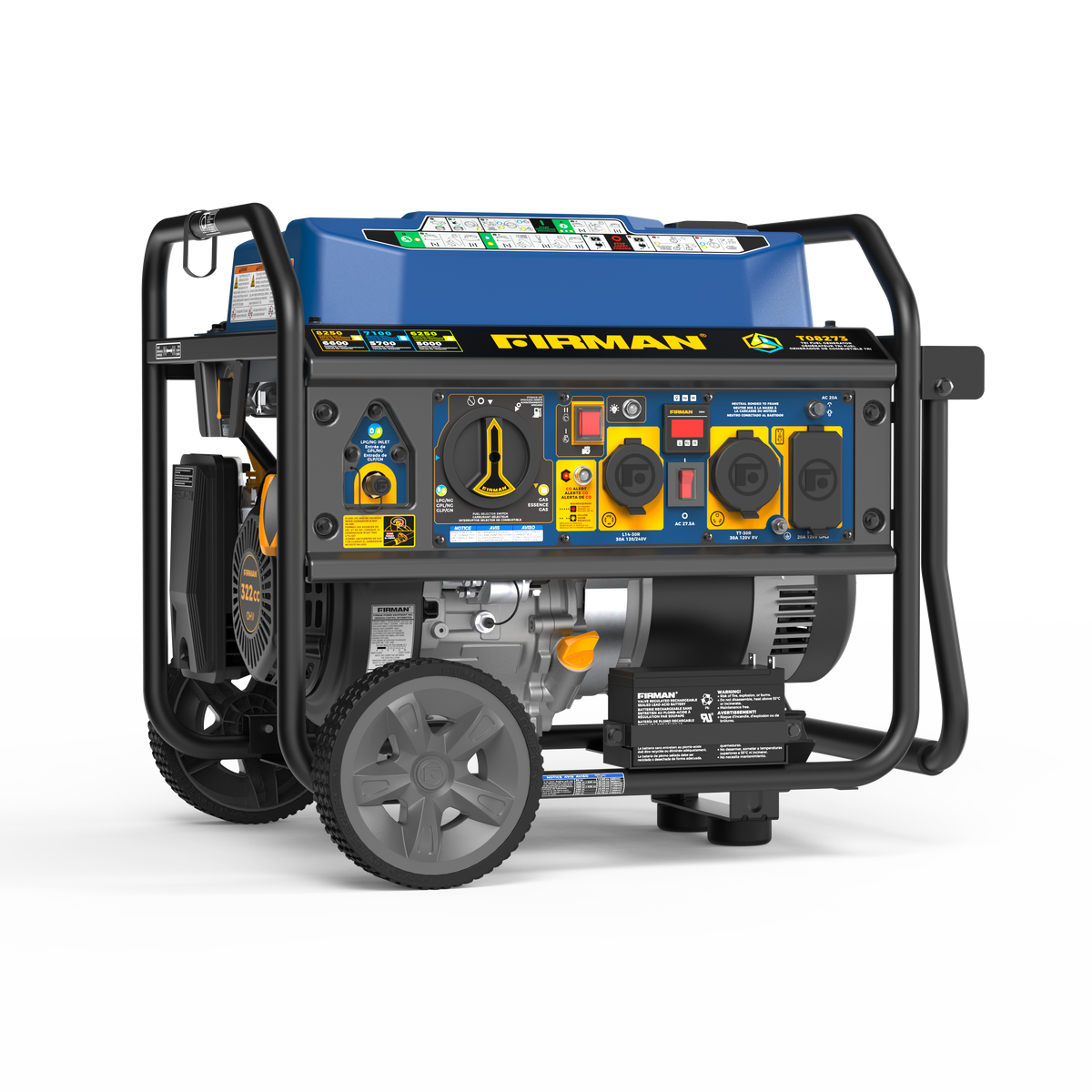 FIRMAN Power Equipment Tri Fuel  Portable Generator 8250/6600W Electric Start Wheel Kit Bonus Cover & Cord CO Alert