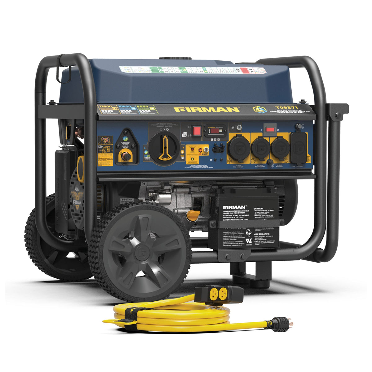 FIRMAN Power Equipment Tri Fuel Portable Generator 11600/9300W Electric Start 120V/240V with Power Cord and CO Alert