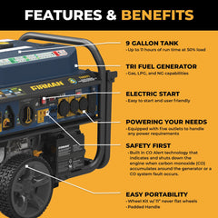 FIRMAN Power Equipment Tri Fuel Portable Generator 11600/9300W Electric Start 120V/240V with Power Cord and CO Alert