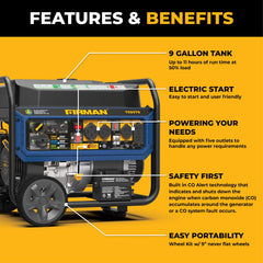 FIRMAN Power Equipment Tri Fuel Portable Generator 11600/9300W Electric Start 120V/240V with CO alert
