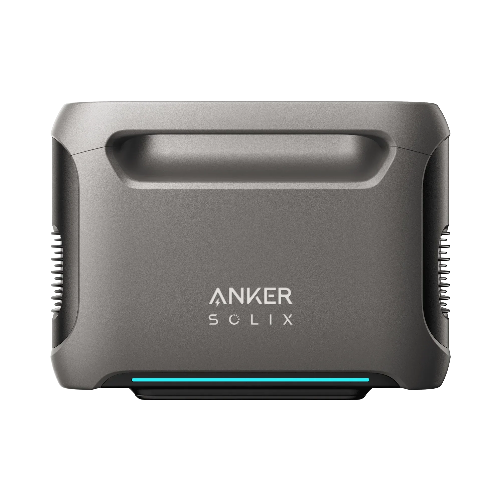 Anker Solix portable inverter front view in gray with handle and blue LED strip