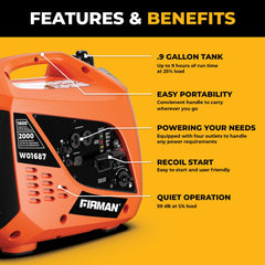 FIRMAN Power Equipment Gas Inverter Portable Generator 2000/1600W Recoil Start