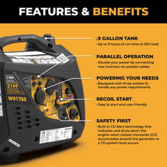 FIRMAN Power Equipment Inverter Portable Generator 2100/1700W Recoil Start with CO Alert