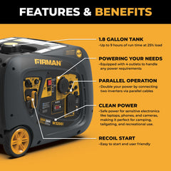 FIRMAN Power Equipment Inverter Portable Generator 3200/2900W Recoil Start