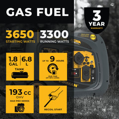 FIRMAN Power Equipment Gas Inverter Portable Generator 3650/3300W Recoil Start